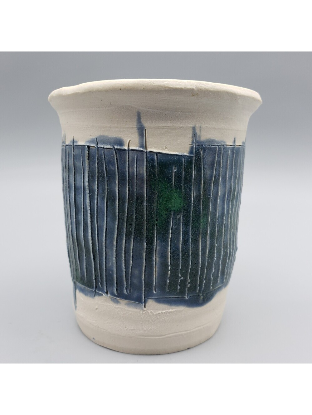Art Pottery Vessel Vase Cup Blue Glaze Band Textured Hand Thrown Artist Signed